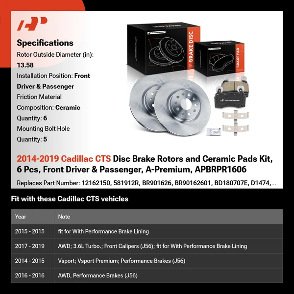 2014-2019 Cadillac CTS Disc Brake Rotors and Ceramic Pads Kit, 6 Pcs, Front Driver & Passenger, A-Premium, APBRPR1606