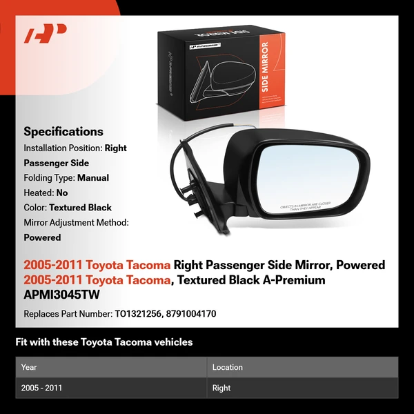 2005-2011 Toyota Tacoma Right Passenger Side Mirror, Powered 2005-2011 Toyota Tacoma, Textured Black A-Premium APMI3045TW