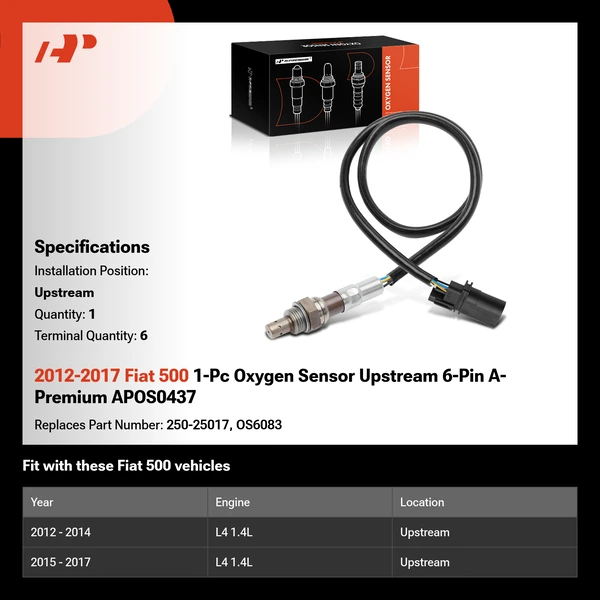 2012-2017 Fiat 500 1-Pc Oxygen Sensor Upstream 6-Pin A-Premium APOS0437