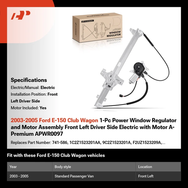 2003-2005 Ford E-150 Club Wagon 1-Pc Power Window Regulator and Motor Assembly Front Left Driver Side Electric with Motor A-Premium APWR0097