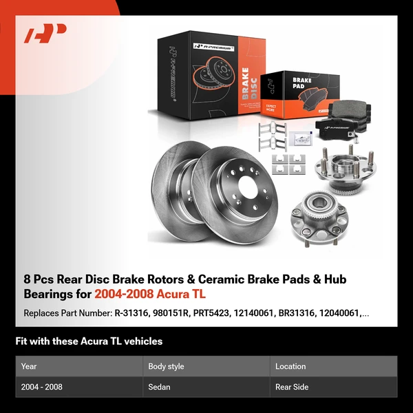 8 Pcs Rear Disc Brake Rotors & Ceramic Brake Pads & Hub Bearings for 2004-2008 Acura TL