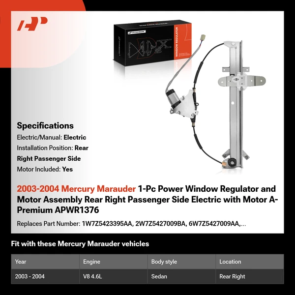 2003-2004 Mercury Marauder 1-Pc Power Window Regulator and Motor Assembly Rear Right Passenger Side Electric with Motor A-Premium APWR1376