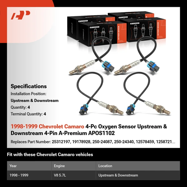 1998-1999 Chevrolet Camaro 4-Pc Oxygen Sensor Upstream & Downstream 4-Pin A-Premium APOS1102