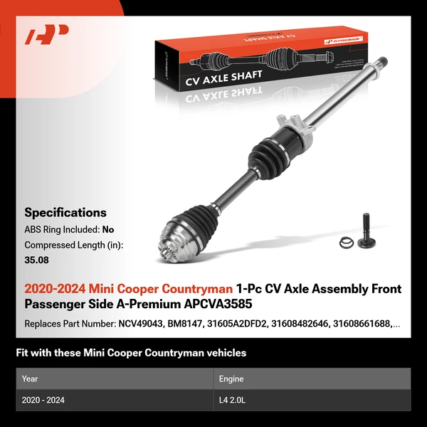 2020-2024 Mini Cooper Countryman 1-Pc CV Axle Assembly Front Passenger Side A-Premium APCVA3585