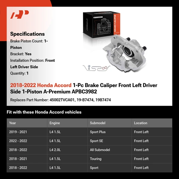 2018-2022 Honda Accord 1-Pc Brake Caliper Front Left Driver Side 1-Piston A-Premium APBC3982