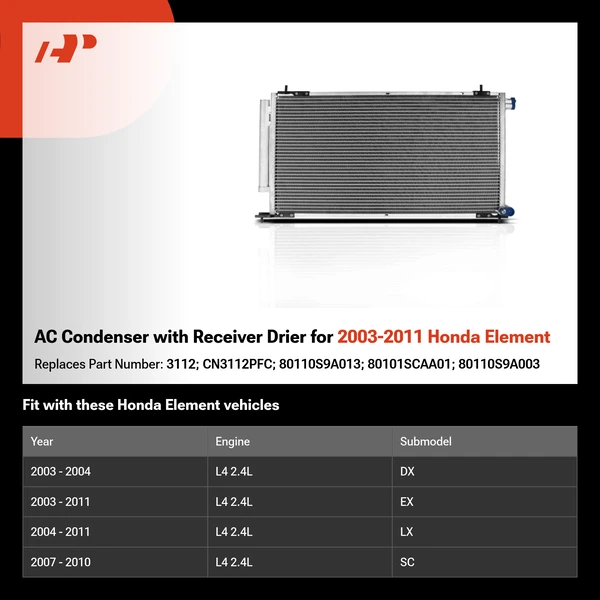 AC Condenser with Receiver Drier for 2003-2011 Honda Element