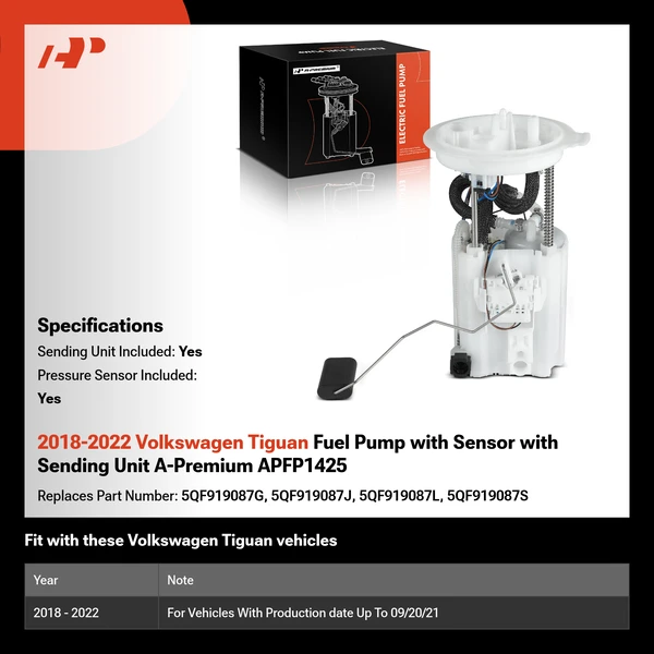 2018-2022 Volkswagen Tiguan Fuel Pump with Sensor with Sending Unit A-Premium APFP1425