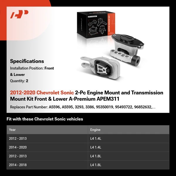 2012-2020 Chevrolet Sonic 2-Pc Engine Mount and Transmission Mount Kit Front & Lower A-Premium APEM311