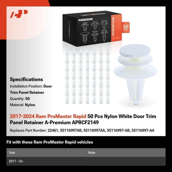 2017-2024 Ram ProMaster Rapid 50 Pcs Nylon White Door Trim Panel Retainer A-Premium APRCF2149