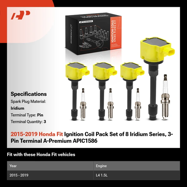 2015-2019 Honda Fit Ignition Coil Pack Set of 8 Iridium Series, 3-Pin Terminal A-Premium APIC1586
