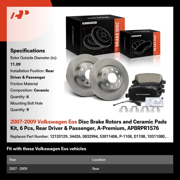 2007-2009 Volkswagen Eos Disc Brake Rotors and Ceramic Pads Kit, 6 Pcs, Rear Driver & Passenger, A-Premium, APBRPR1576