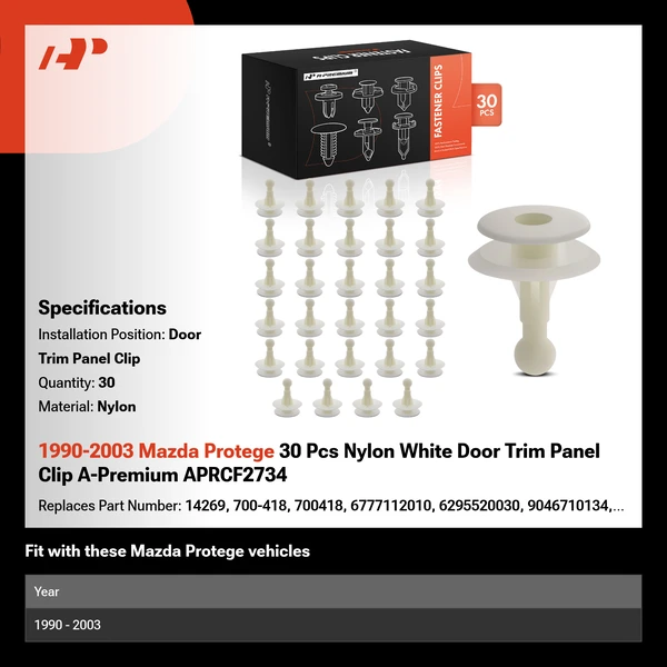 1990-2003 Mazda Protege 30 Pcs Nylon White Door Trim Panel Clip A-Premium APRCF2734