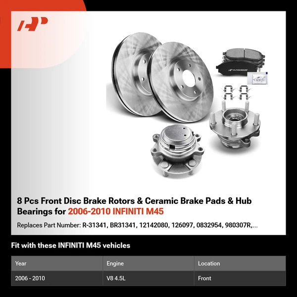 8 Pcs Front Disc Brake Rotors & Ceramic Brake Pads & Hub Bearings for 2006-2010 INFINITI M45