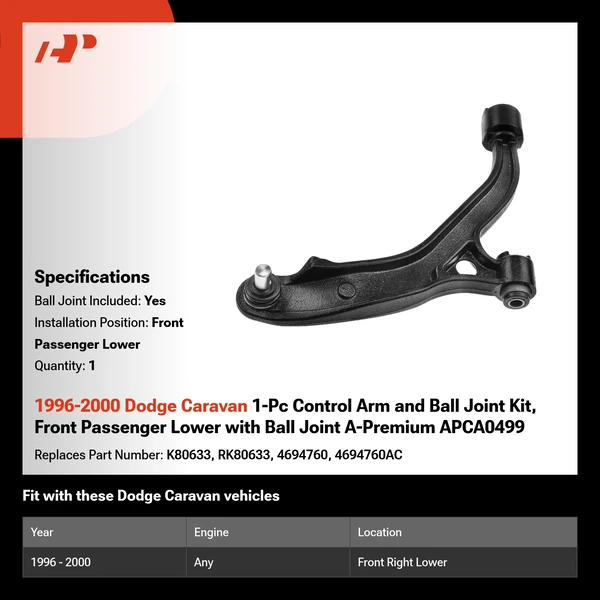 1996-2000 Dodge Caravan 1-Pc Control Arm and Ball Joint Kit, Front Passenger Lower with Ball Joint A-Premium APCA0499