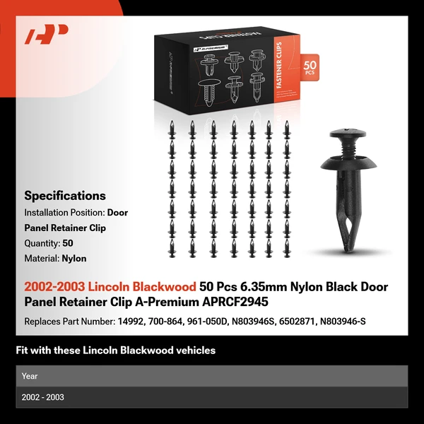 2002-2003 Lincoln Blackwood 50 Pcs 6.35mm Nylon Black Door Panel Retainer Clip A-Premium APRCF2945