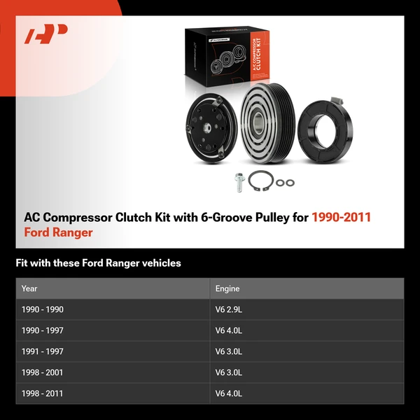 AC Compressor Clutch Kit with 6-Groove Pulley for 1990-2011 Ford Ranger