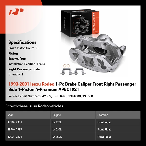 1993-2001 Isuzu Rodeo 1-Pc Brake Caliper Front Right Passenger Side 1-Piston A-Premium APBC1921