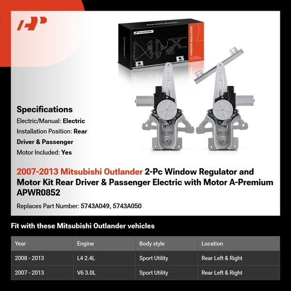 2007-2013 Mitsubishi Outlander 2-Pc Window Regulator and Motor Kit Rear Driver & Passenger Electric with Motor A-Premium APWR0852