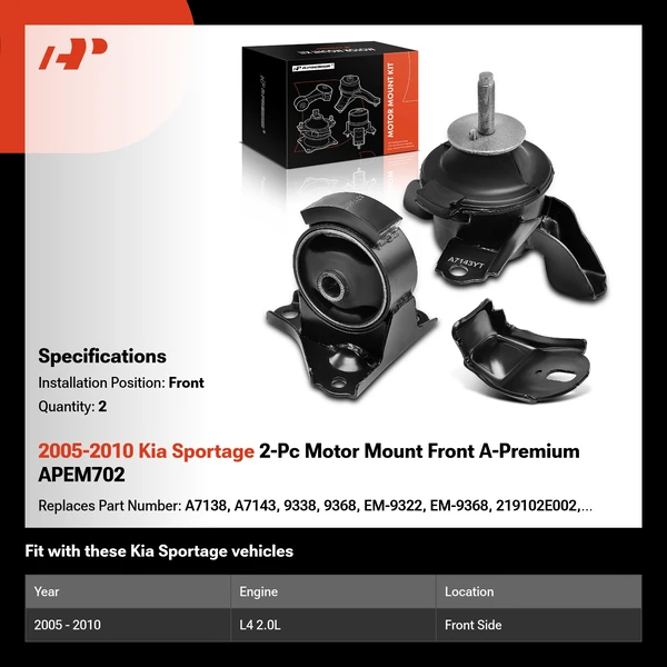2005-2010 Kia Sportage 2-Pc Motor Mount Front A-Premium APEM702