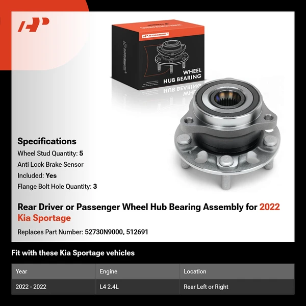 Rear Driver or Passenger Wheel Hub Bearing Assembly for 2022 Kia Sportage