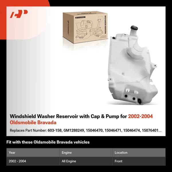 Windshield Washer Reservoir with Cap & Pump for 2002-2004 Oldsmobile Bravada
