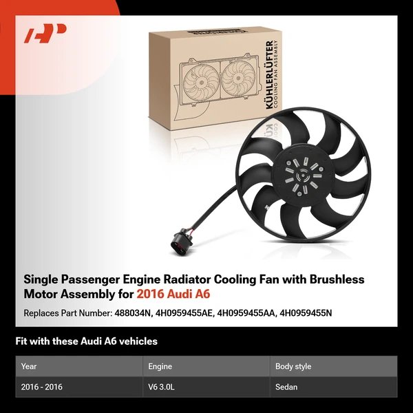 Single Passenger Engine Radiator Cooling Fan with Brushless Motor Assembly for 2016 Audi A6