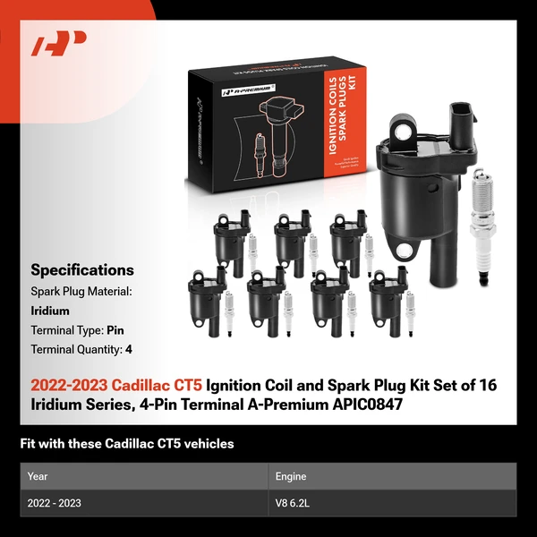 2022-2023 Cadillac CT5 Ignition Coil and Spark Plug Kit Set of 16 Iridium Series, 4-Pin Terminal A-Premium APIC0847