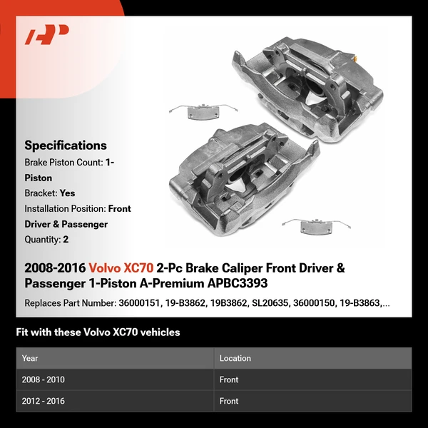 2008-2016 Volvo XC70 2-Pc Brake Caliper Front Driver & Passenger 1-Piston A-Premium APBC3393