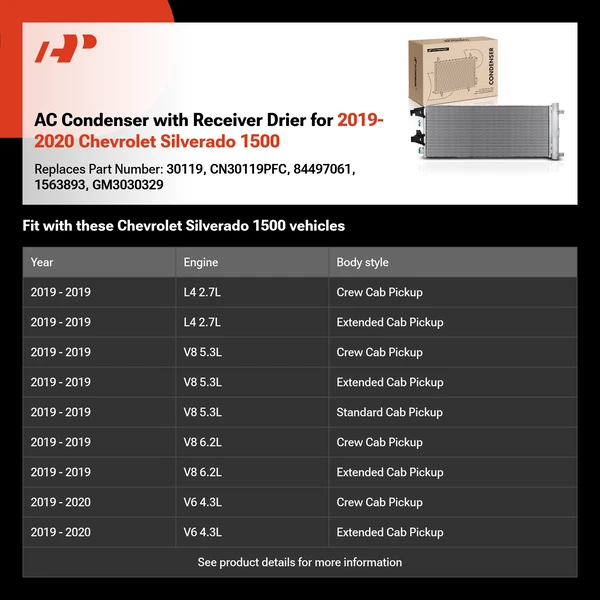 AC Condenser with Receiver Drier for 2019-2020 Chevrolet Silverado 1500
