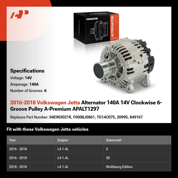2016-2018 Volkswagen Jetta Alternator 140A 14V Clockwise 6-Groove Pulley A-Premium APALT1297