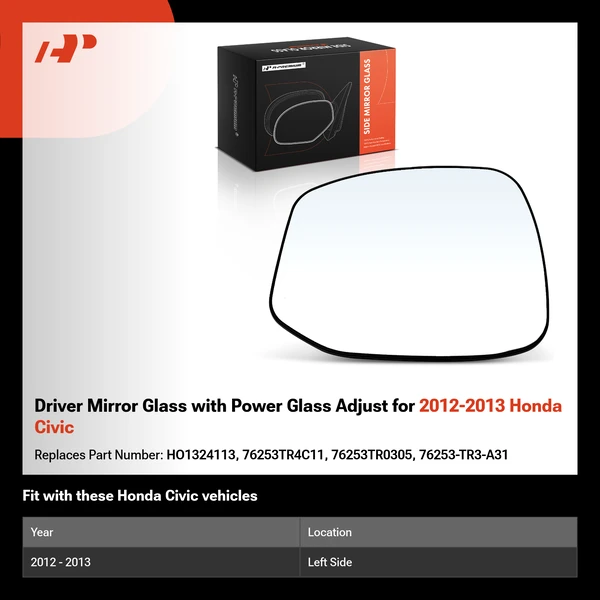 Driver Mirror Glass with Power Glass Adjust for 2012-2013 Honda Civic