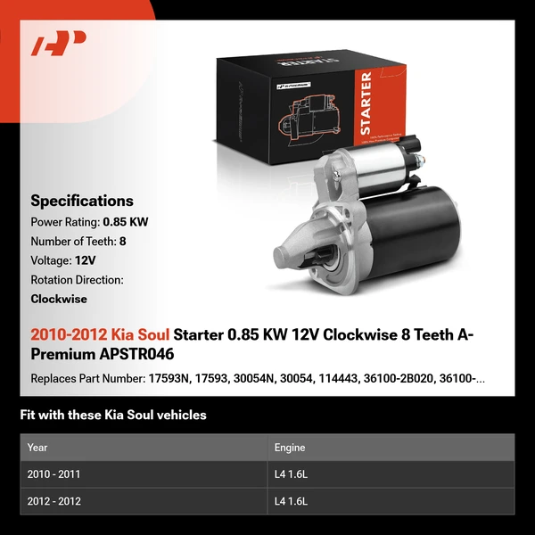 2010-2012 Kia Soul Starter 0.85 KW 12V Clockwise 8 Teeth A-Premium APSTR046
