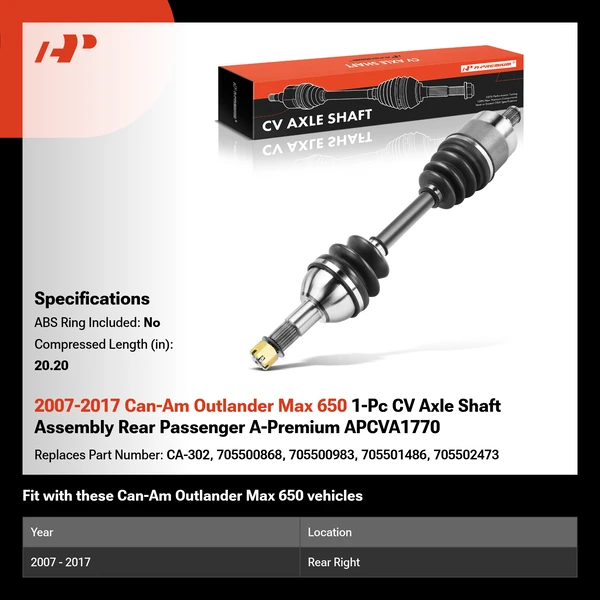 2007-2017 Can-Am Outlander Max 650 1-Pc CV Axle Shaft Assembly Rear Passenger A-Premium APCVA1770