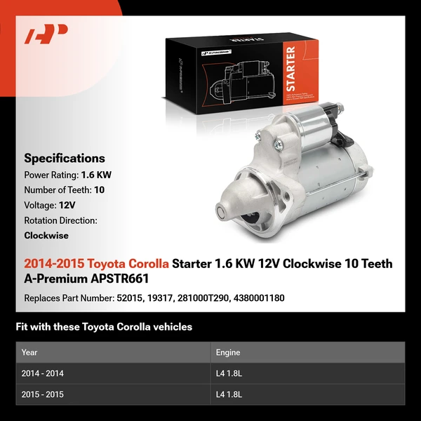 2014-2015 Toyota Corolla Starter 1.6 KW 12V Clockwise 10 Teeth A-Premium APSTR661
