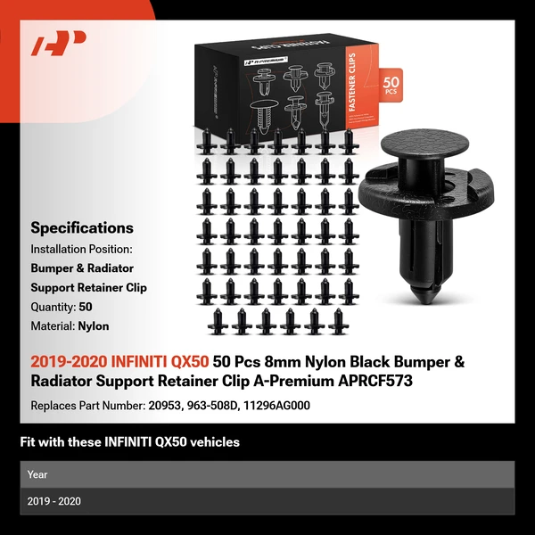 2019-2020 INFINITI QX50 50 Pcs 8mm Nylon Black Bumper & Radiator Support Retainer Clip A-Premium APRCF573