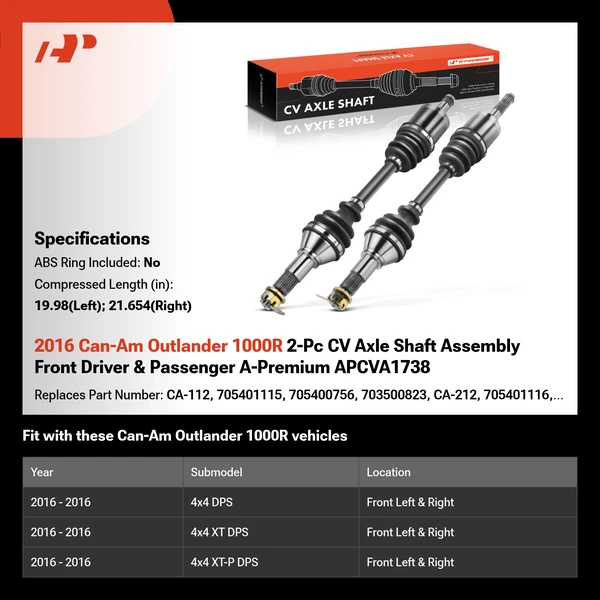 2016 Can-Am Outlander 1000R 2-Pc CV Axle Shaft Assembly Front Driver & Passenger A-Premium APCVA1738