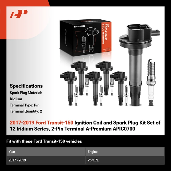 2017-2019 Ford Transit-150 Ignition Coil and Spark Plug Kit Set of 12 Iridium Series, 2-Pin Terminal A-Premium APIC0700