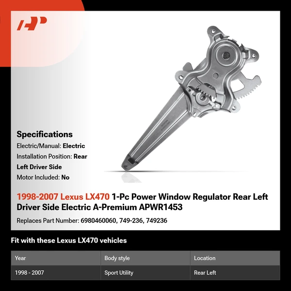 1998-2007 Lexus LX470 1-Pc Power Window Regulator Rear Left Driver Side Electric A-Premium APWR1453