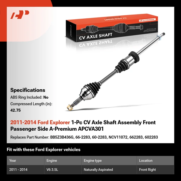 2011-2014 Ford Explorer 1-Pc CV Axle Shaft Assembly Front Passenger Side A-Premium APCVA301