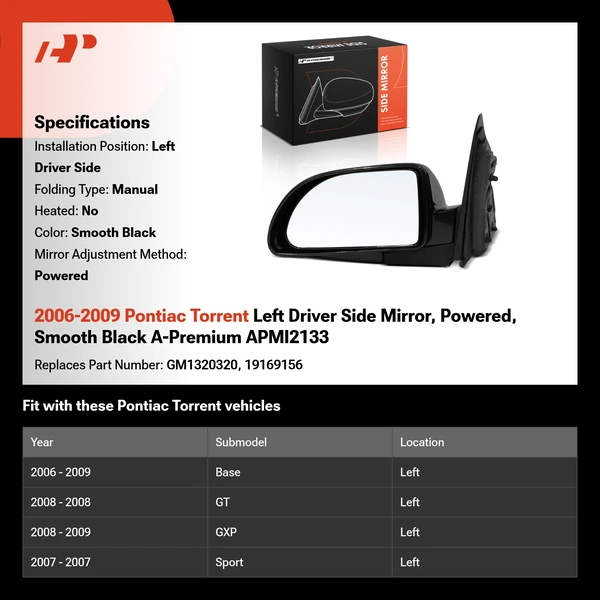 2006-2009 Pontiac Torrent Left Driver Side Mirror, Powered, Smooth Black A-Premium APMI2133