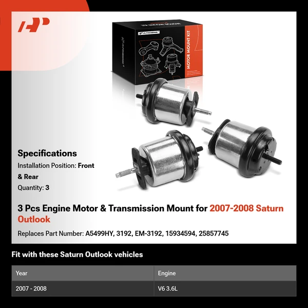 3 Pcs Engine Motor & Transmission Mount for 2007-2008 Saturn Outlook