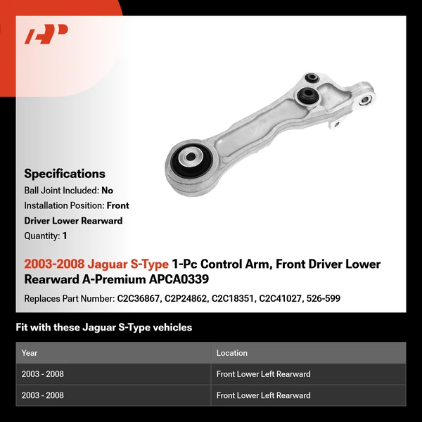 2003-2008 Jaguar S-Type 1-Pc Control Arm, Front Driver Lower Rearward A-Premium APCA0339