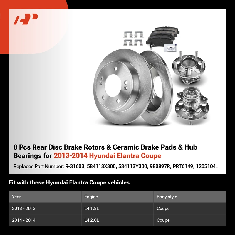 8 Pcs Rear Disc Brake Rotors & Ceramic Brake Pads & Hub Bearings for 2013-2014 Hyundai Elantra Coupe