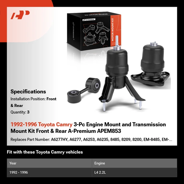 1992-1996 Toyota Camry 3-Pc Engine Mount and Transmission Mount Kit Front & Rear A-Premium APEM853