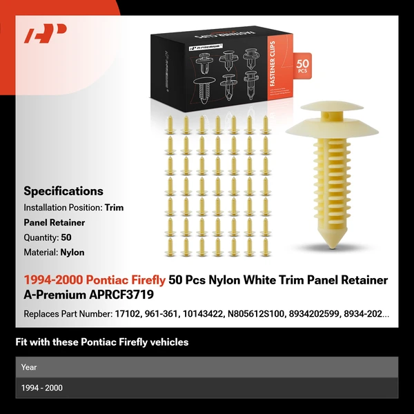 1994-2000 Pontiac Firefly 50 Pcs Nylon White Trim Panel Retainer A-Premium APRCF3719