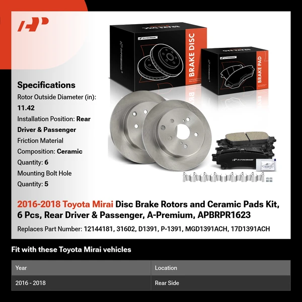 2016-2018 Toyota Mirai Disc Brake Rotors and Ceramic Pads Kit, 6 Pcs, Rear Driver & Passenger, A-Premium, APBRPR1623