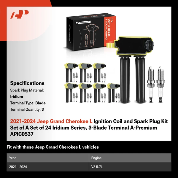 2021-2024 Jeep Grand Cherokee L Ignition Coil and Spark Plug Kit Set of A Set of 24 Iridium Series, 3-Blade Terminal A-Premium APIC0537