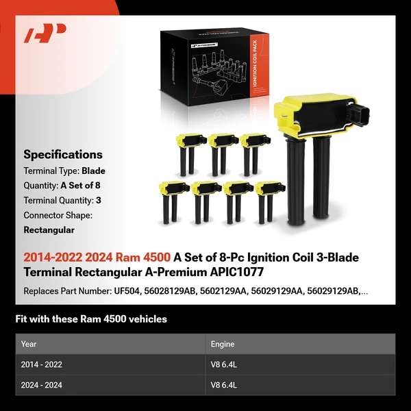 2014-2022 2024 Ram 4500 A Set of 8-Pc Ignition Coil 3-Blade Terminal Rectangular A-Premium APIC1077