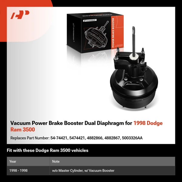 Vacuum Power Brake Booster Dual Diaphragm for 1998 Dodge Ram 3500