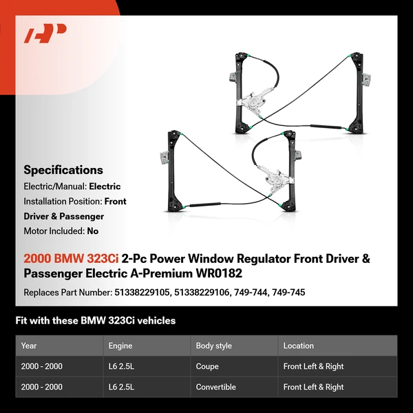 2000 BMW 323Ci 2-Pc Power Window Regulator Front Driver & Passenger Electric A-Premium WR0182